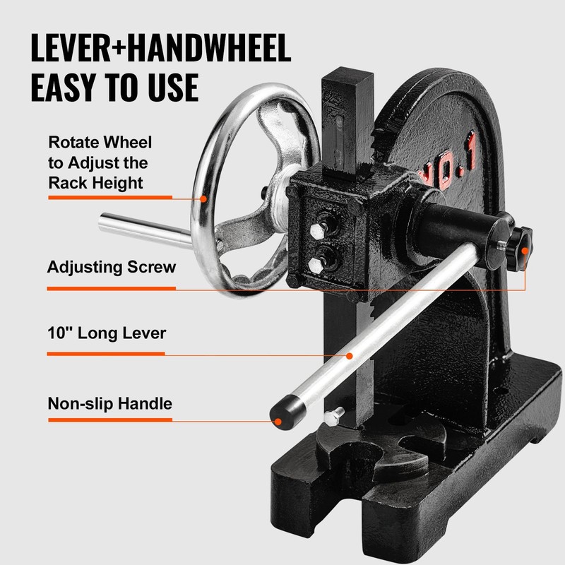 Arbor Press, 1 Ton Manual Arbor Press with Handwheel, 5.9" Maximum Height, Cast gallery