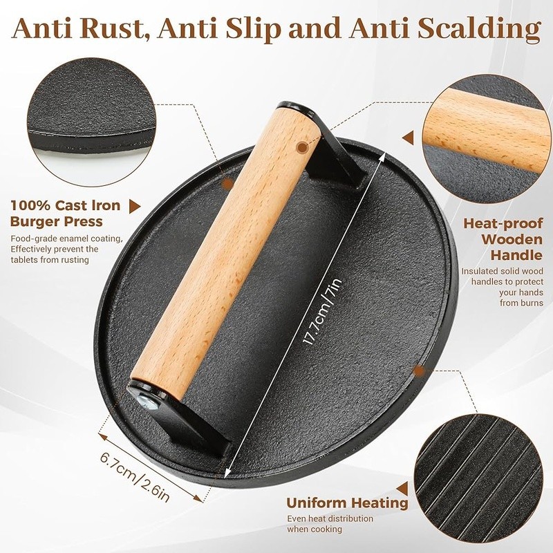 Cast Iron Burger Press Kit W/ Stainless Steel Tongs Spatula BBQ Grill Tools New gallery