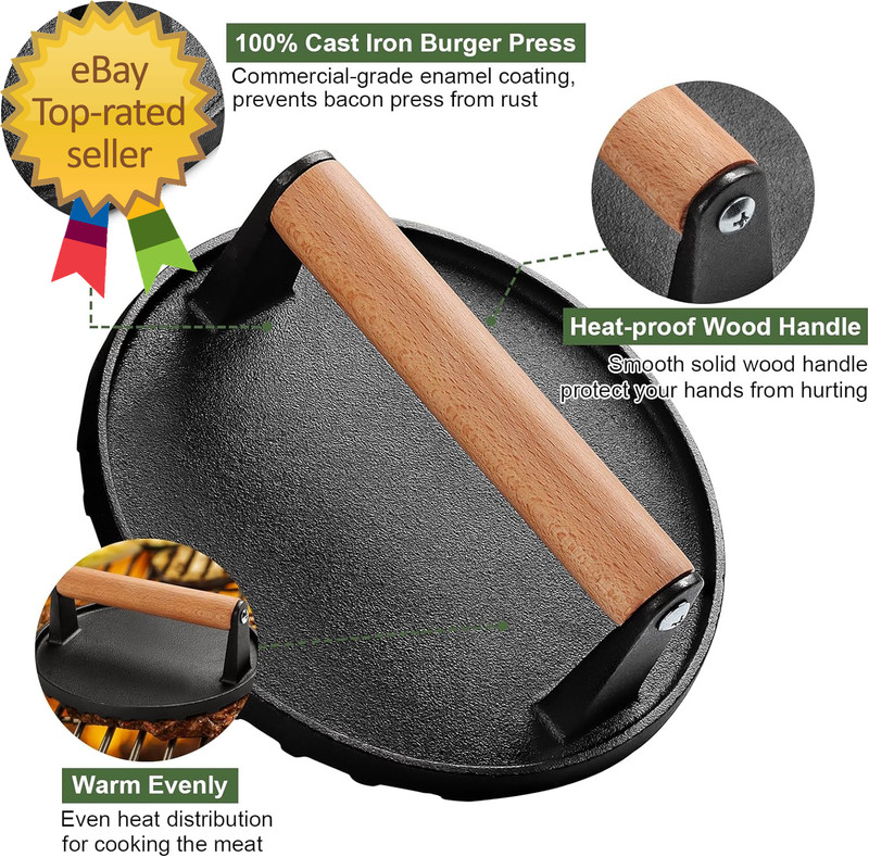 Burger Press, 7" round Heavy-Duty Cast Iron Smash Bacon Press Meat Steak gallery