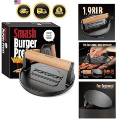 Smash Burger Press, Pre-Seasoned Cast Iron Hamburger Smasher, 2 lb Heavy-Duty…