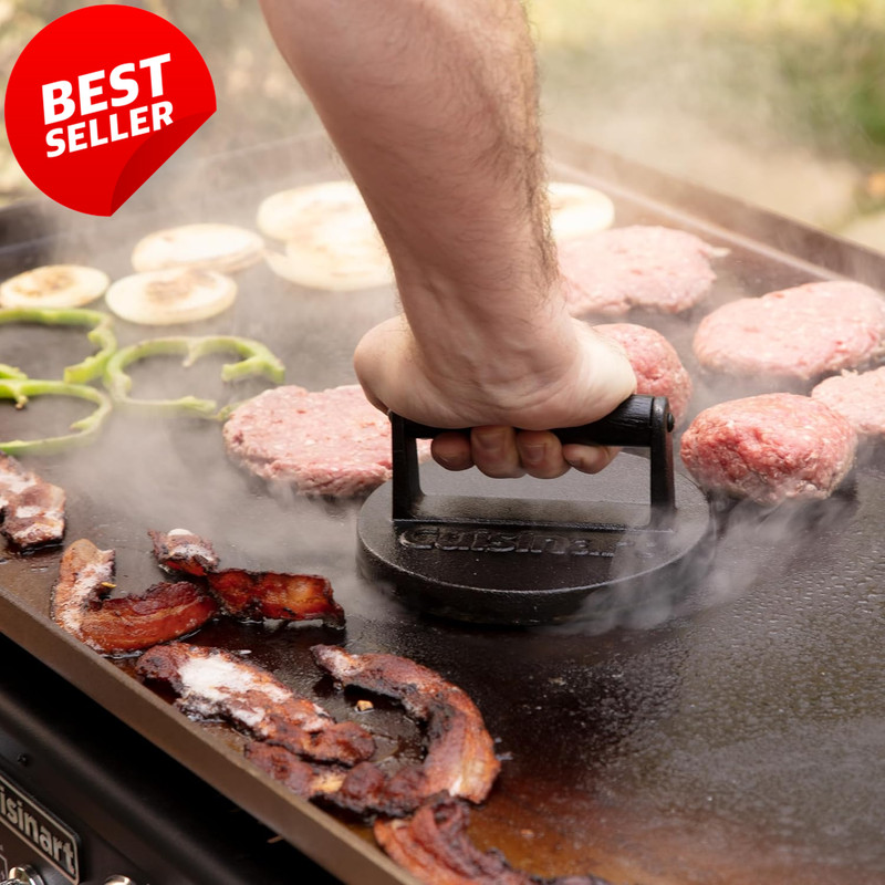 Cast Iron Burger Press 6.5in Round Flat Edge Smash Burger Grill Tool - US gallery