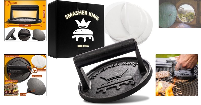 Durable Cast Iron Burger Press Kit – Includes 25 Patty Papers for Easy Cooking gallery