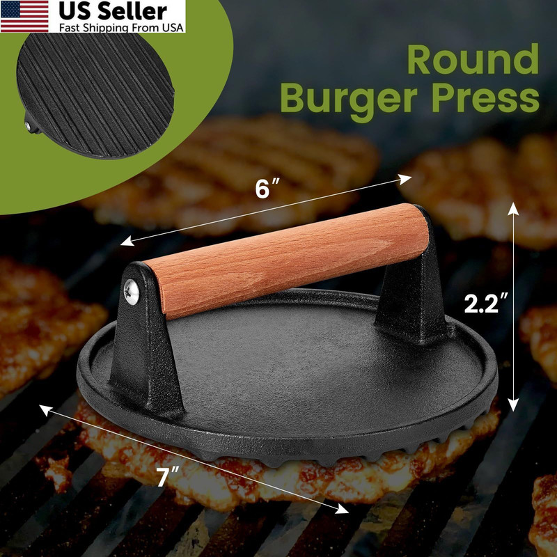 Whaleme Smashed Burger Press, 7” Round Heavy-Duty Cast Iron Round, BLACK gallery