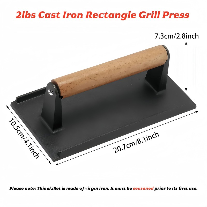 Professional Cast Iron Grill Press - Heavy Duty 2lbs Rectangle Smash Burger &... gallery