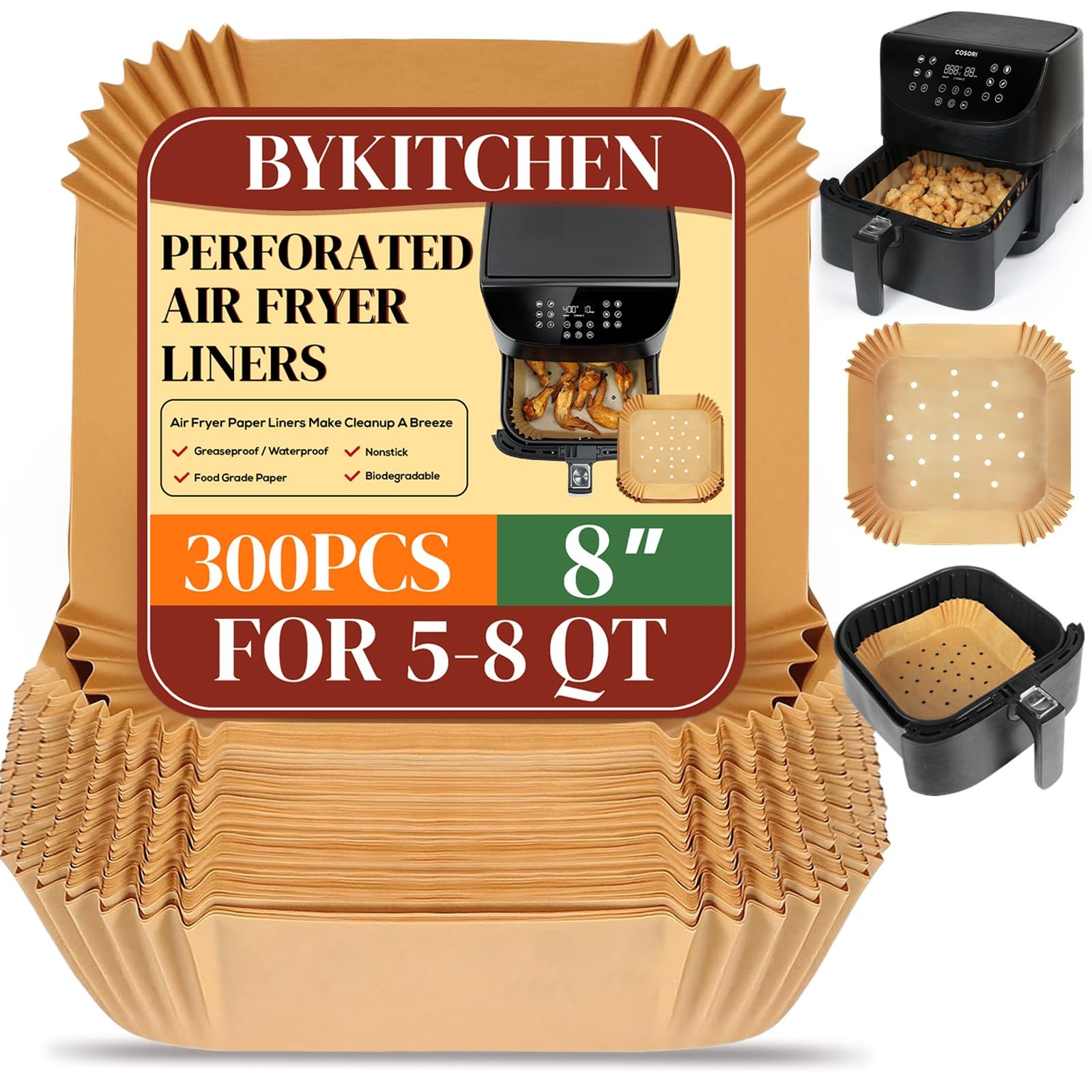 BYKITCHEN 300PCS Perforated Air Fryer Disposable 300pcs for 5 to 8 QT, Nature gallery