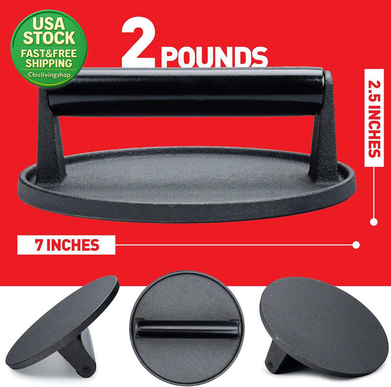 Smash Burger Press Kit 7 Inch Flat Bottom Cast Iron with 35 Pcs Patty Paper gallery