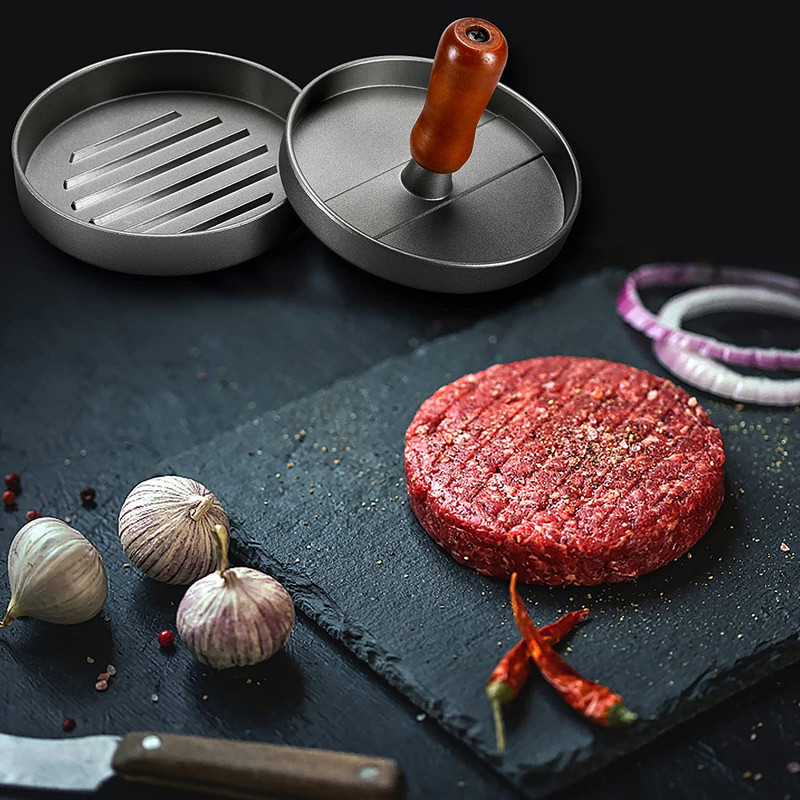 Burger Press Patty Maker Stainless Steel Hamburger Patty Press Mold Wood Handle gallery