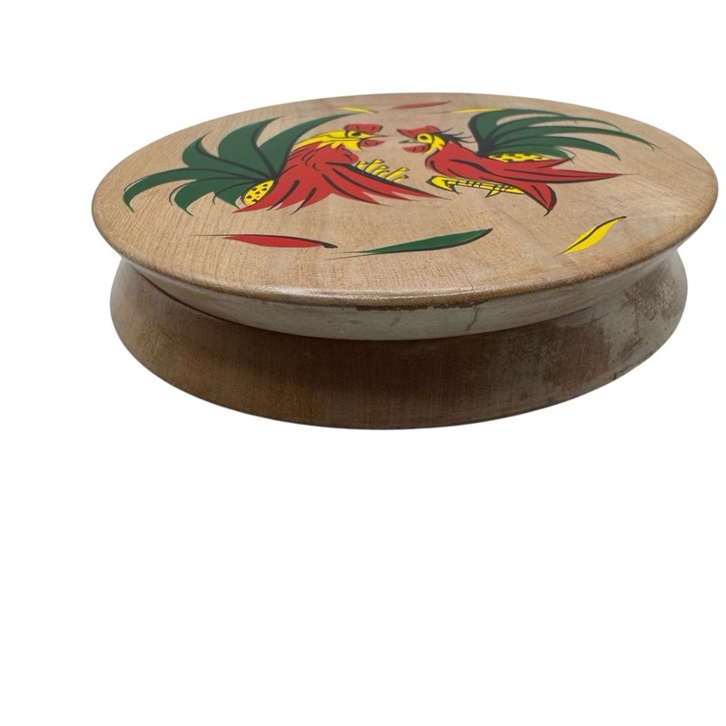 Vintage Fighting Roosters Hamburger Press Wood Hinged MCM Folk Art Kitchen Decor gallery