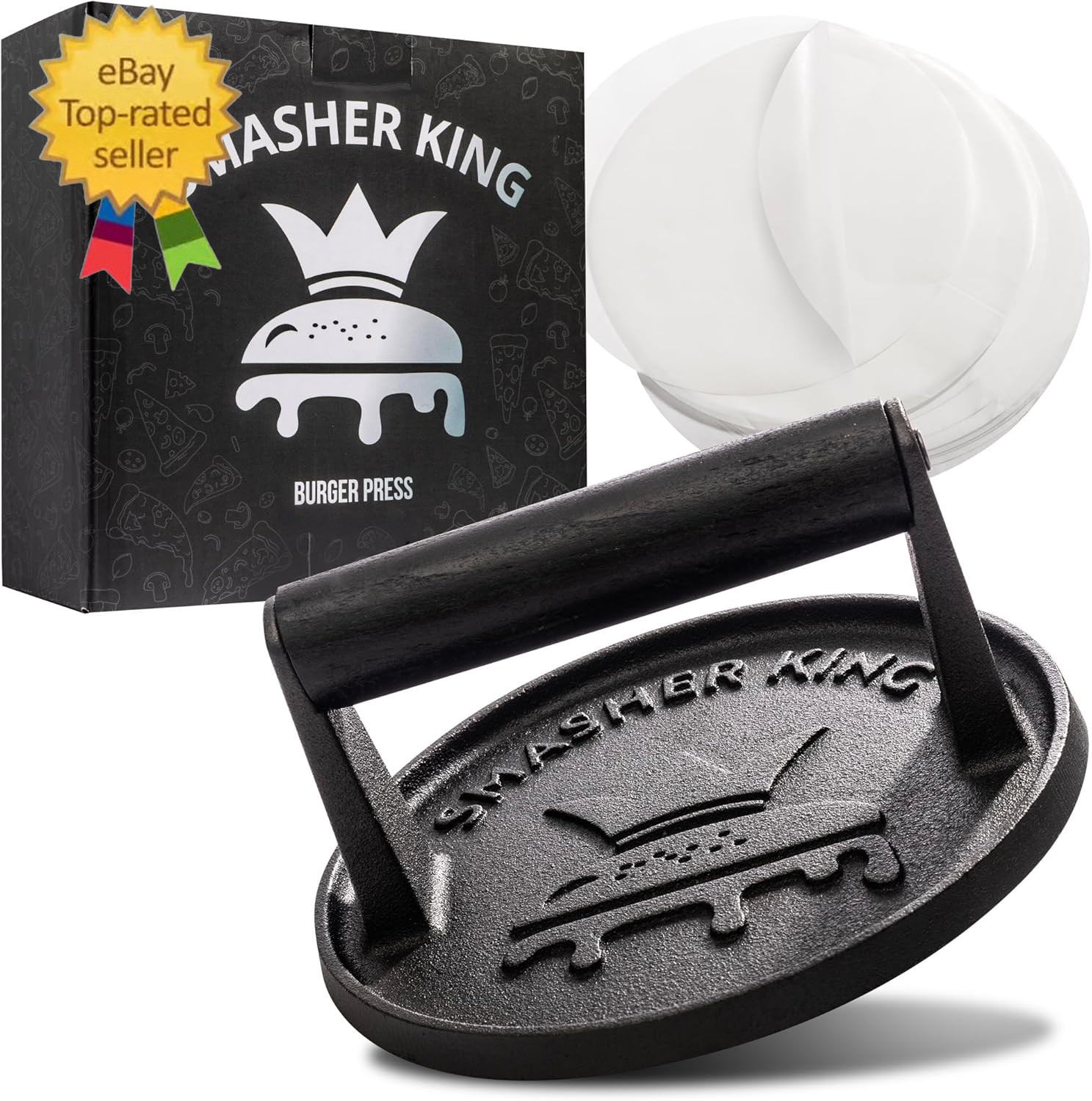 ™ - Premium Cast Iron Smash Burger Press Incl. 25 Pcs of Patty Paper gallery