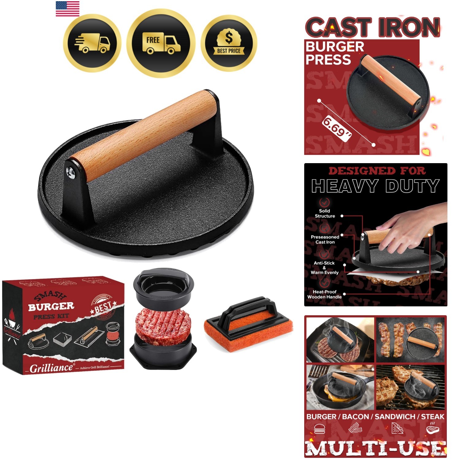 Smash Burger Press Kit, 3 in 1 Hamburger Press Patty Maker, Dark Black Cast I... gallery