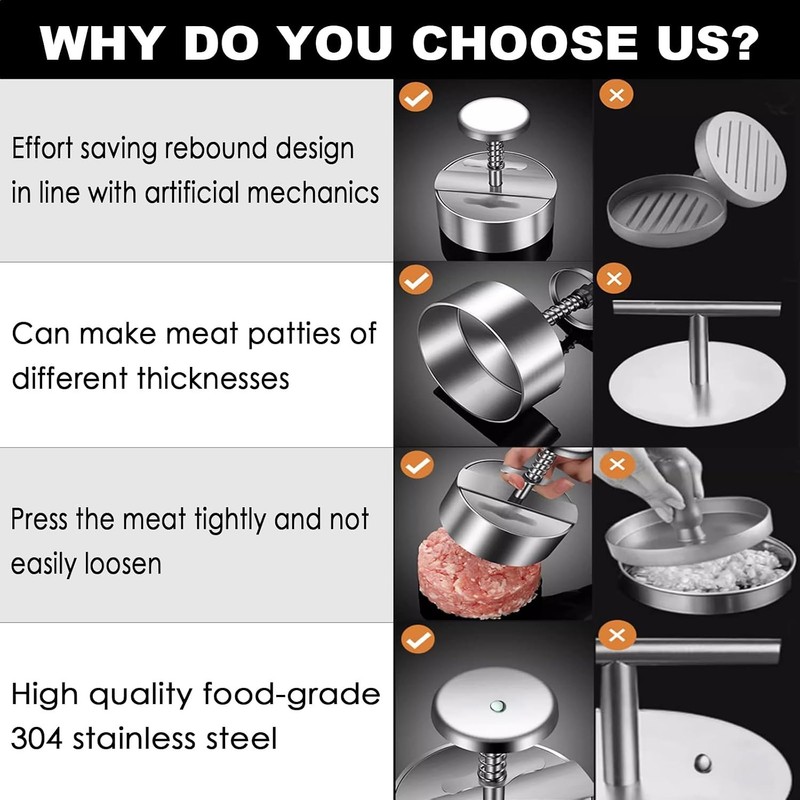 Burger Press Adjustable Hamburger Patty Maker Food Grade 304 Stainless Steel gallery