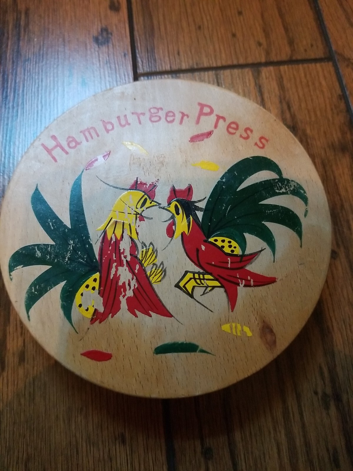 Vintage Fighting Rooster Hamburger Press Wooden Hand Painted Japan gallery