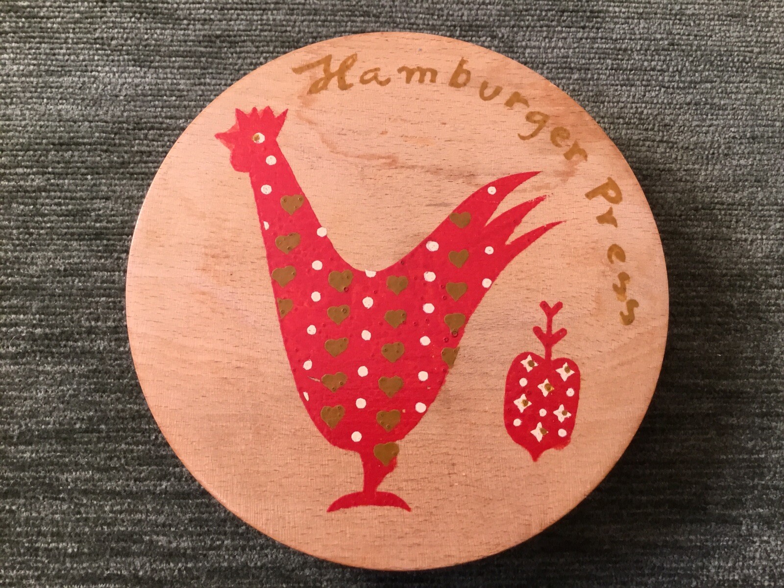 Vintage Wooden Hamburger Press Rooster Hinged Lid 6” x 6” Kitchen Decor gallery