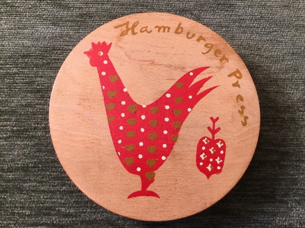 Vintage Wooden Hamburger Press Rooster Hinged Lid 6” x 6” Kitchen Decor
