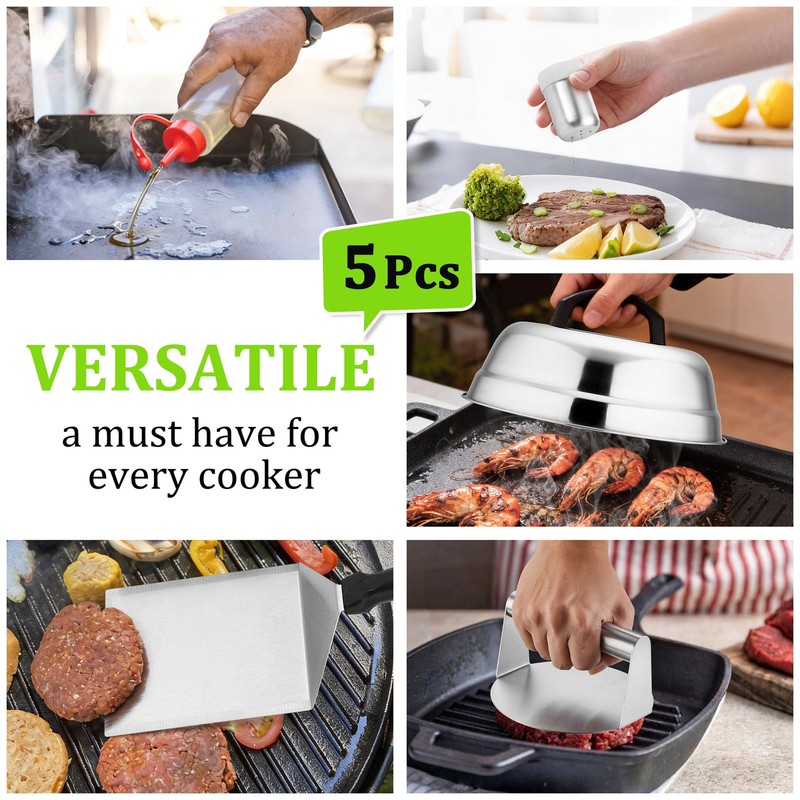 Smash Burger Kit 5Pcs, 9" Basting Cover, Metal Spatula and Bacon Press for Gr... gallery