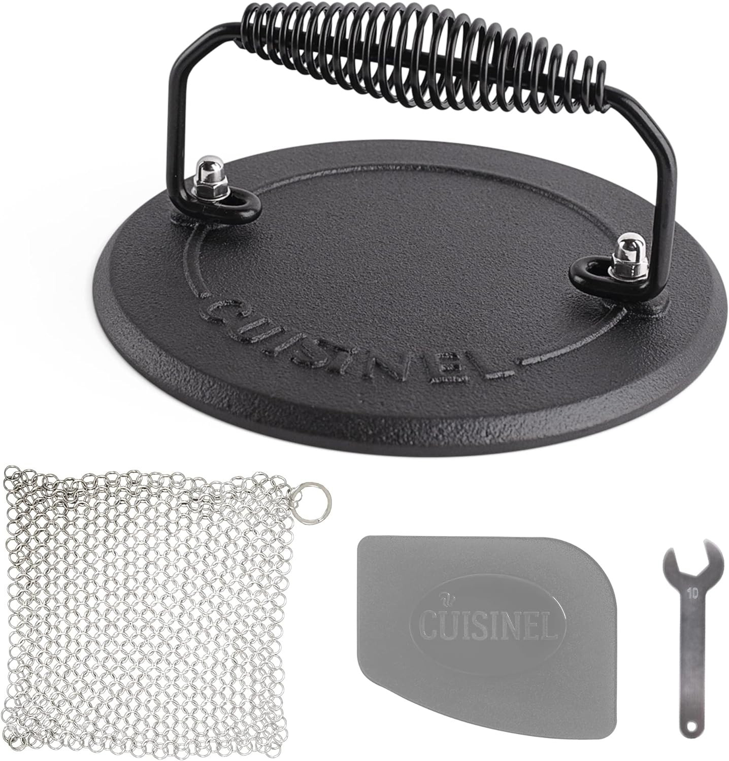 Grill Press + Chainmail Scrubber + Scraper - Cast Iron Burger, Bacon, Steak, Ham gallery