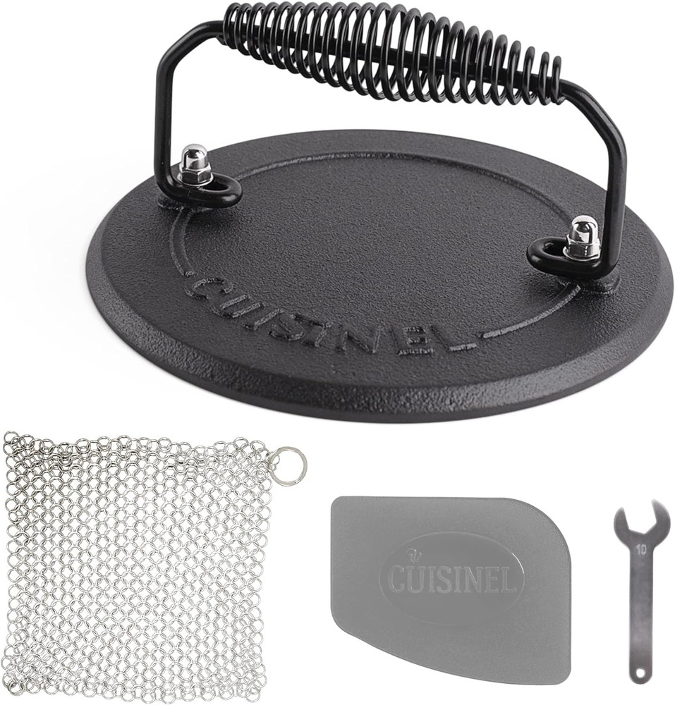 Grill Press + Chainmail Scrubber + Scraper - Cast Iron Burger, Bacon, Steak, Ham