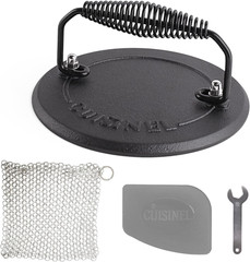 Grill Press + Chainmail Scrubber + Scraper – Cast Iron Burger, Bacon, Steak, Ham