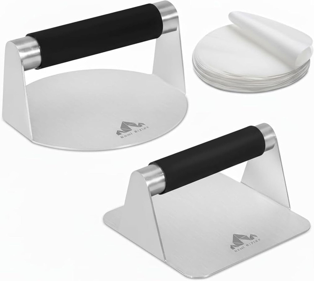 Stainless Steel Burger Press –5.5 Inch round and Square Meat Masher with Silicon