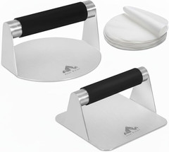 Stainless Steel Burger Press –5.5 Inch round and Square Meat Masher with Silicon