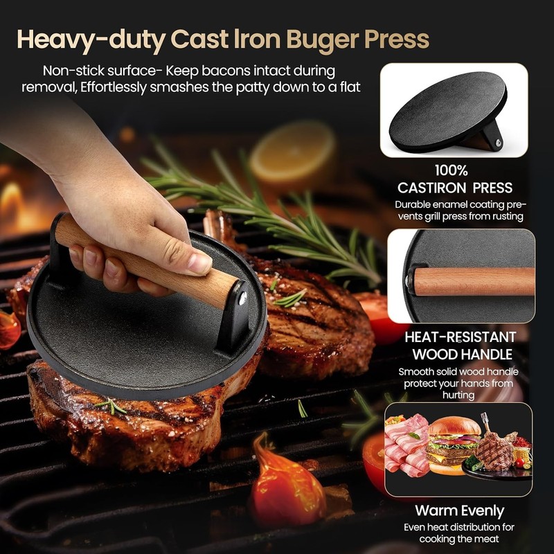 Smashed Burger Press 7” Round Heavy-Duty Cast Iron Smash Meat Steak Burger Press gallery