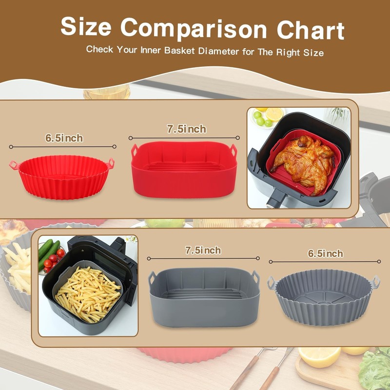 PEETOGER 2Pcs Air Fryer Silicone Liners, Pot 7.5inch-2pcs, Silicone-Square gallery