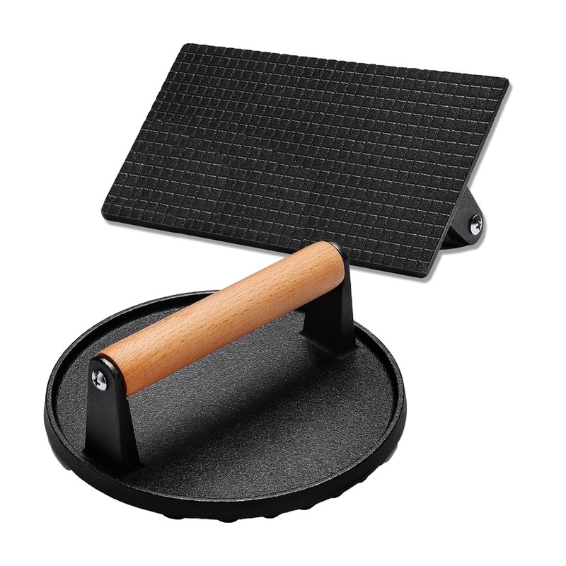 Burger Press Set: 7" Round & 8"x4" Cast Iron Grill Press with Wood Handle gallery