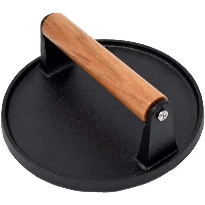 Cast Iron Flat Press Cooking Tool W/ Wooden Handle Easy Clean Ideal Grilling New gallery