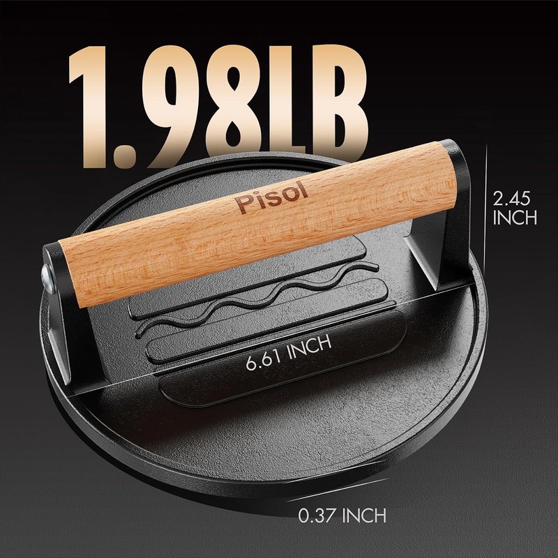 Pisol Smash Burger Press, Pre-Seasoned Cast Iron Hamburger Smasher, 2 lb... gallery