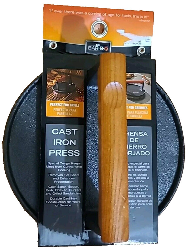Grill Press Mr. Bar-B-Q 06681Y Cast Iron| Pre-Seasoned Base & Hardwood Handle. gallery