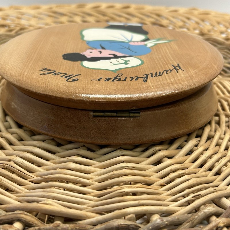 Vintage 1950s Wood Hamburger Mola Press Mold Chef Motif Hinged gallery