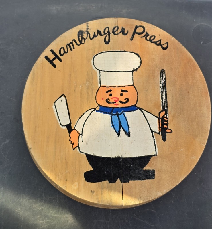 ​​3 Vintage Wooden Hamburger Press Lot Hand Painted Chef Cow Farmhouse gallery