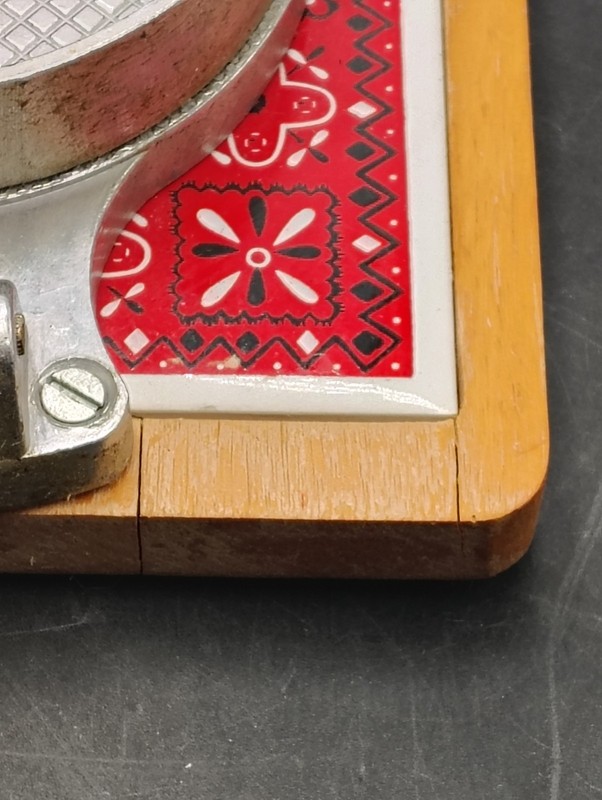 VTG Retro Wooden Paddle Hinged Aluminum Hamburger Patty Press Maker Red Bandana gallery