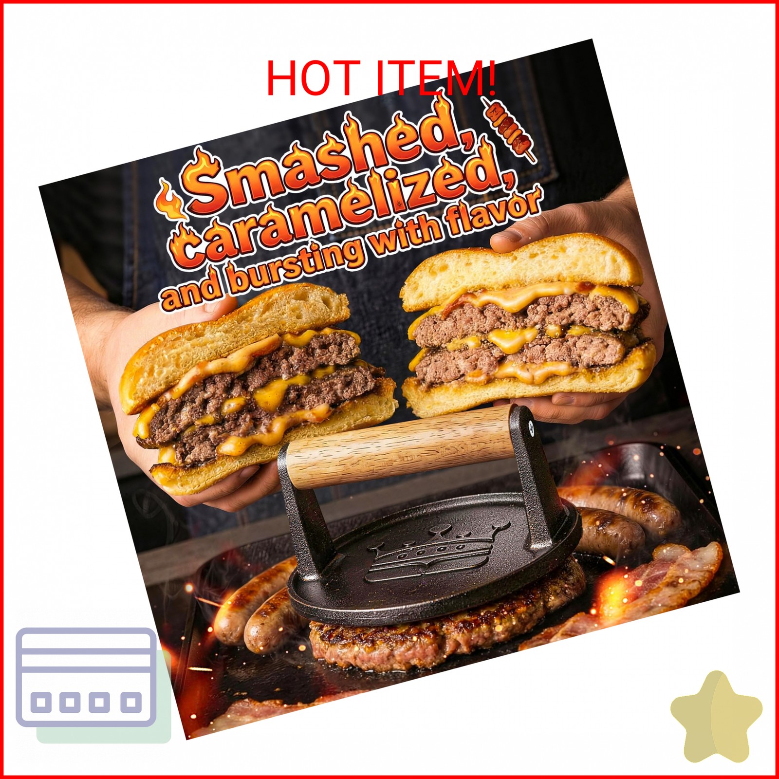 Smash Burger Press 6.5”,Cast Iron Flat Round Edge Grill/Bacon/Meat/Hamburger/Che gallery