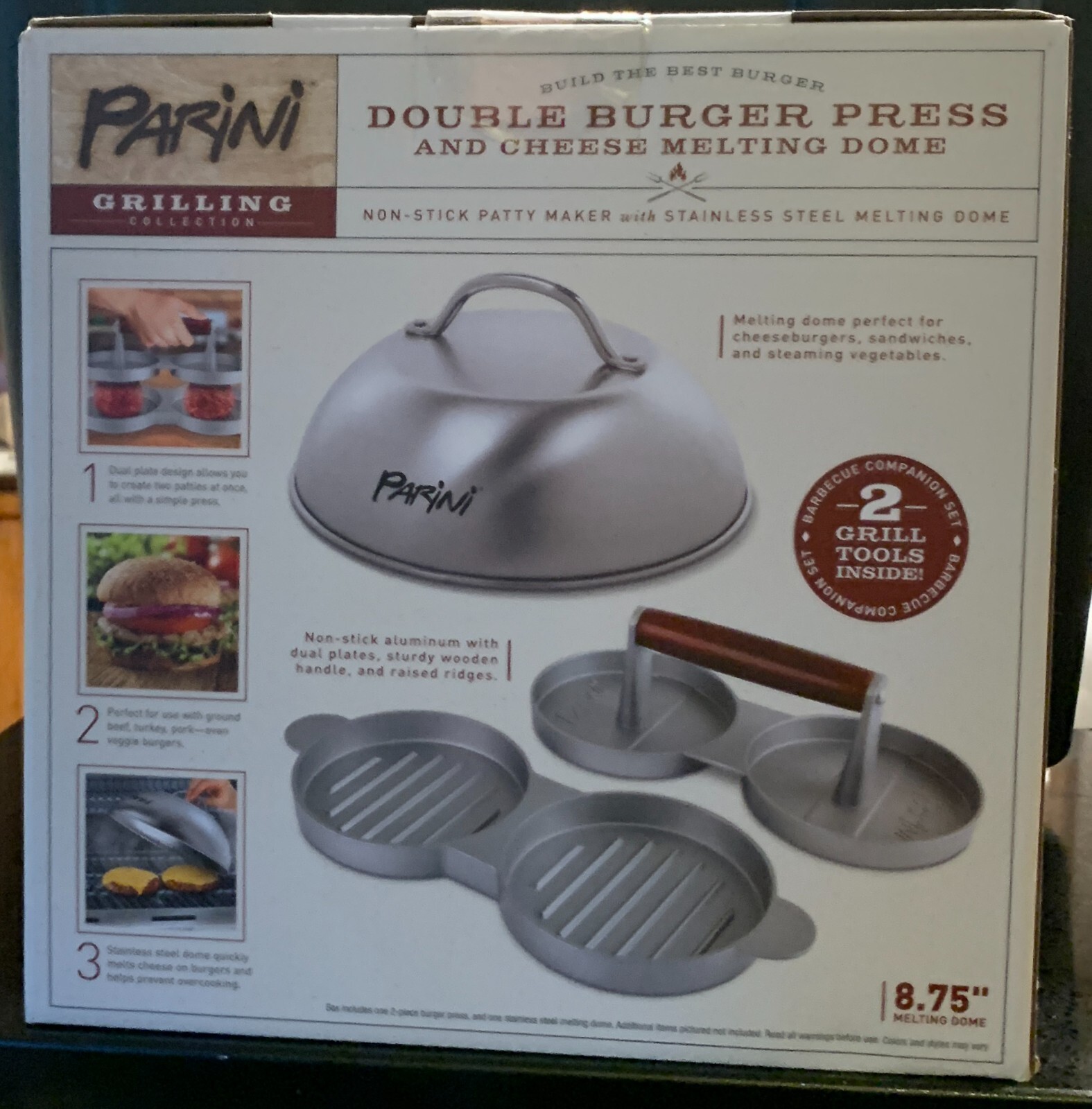 Double Burger Press & 8.75"Cheese Melting Dome Non-Stick NIB DAD FATHERS DAY gallery