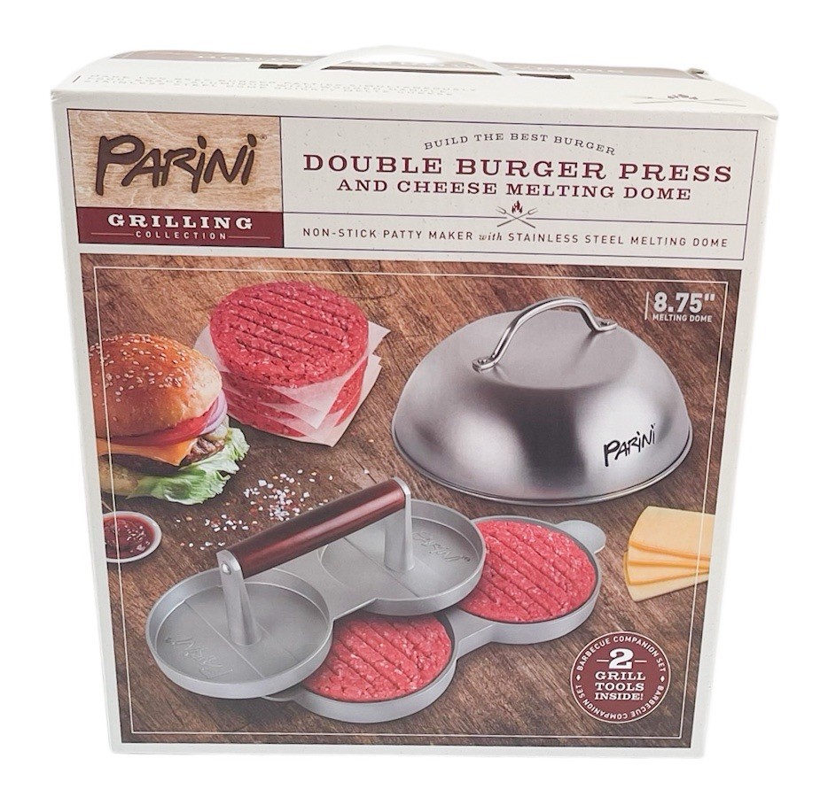 Double Burger Press and Cheese 8¾" Stainless Steel Melting Dome Parini NEW