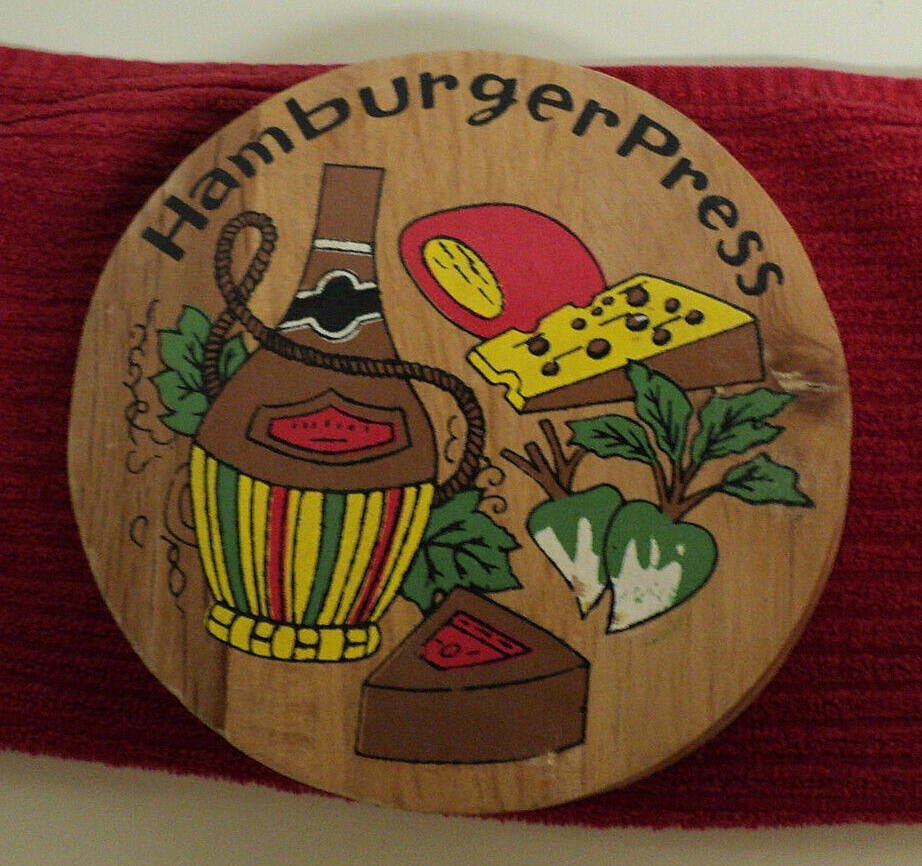 Vintage Wooden Hinged Hamburger Press Wine Bottle Cheese Print Collectible #7922 gallery