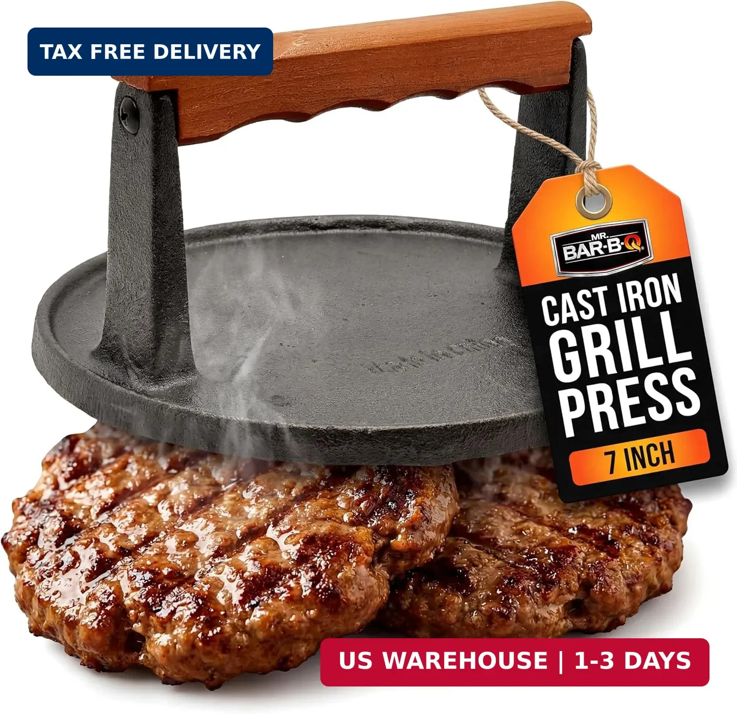 Mr. Bar-B-Q Cast Iron Grill Press (7-Inch) - Pre-Seasoned Smash Burger Press w/W gallery