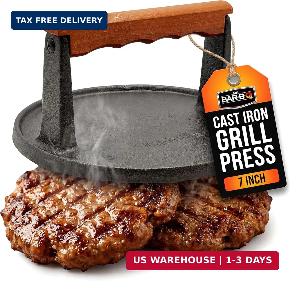 Mr. Bar-B-Q Cast Iron Grill Press (7-Inch) - Pre-Seasoned Smash Burger Press w/W