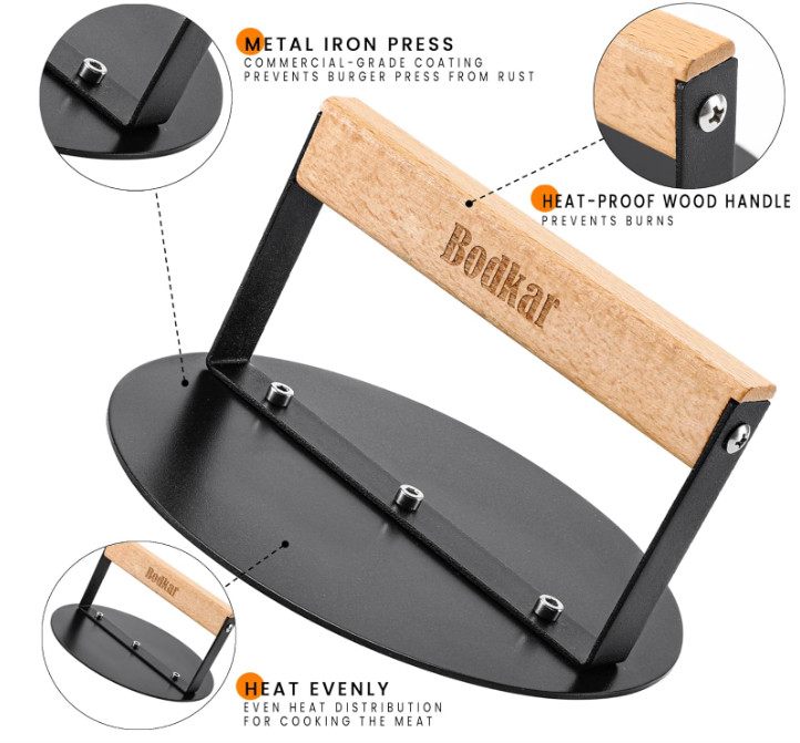 Burger Press, 6" round Heavy-Duty Cast Iron Smash Bacon Press Meat Steak Press gallery