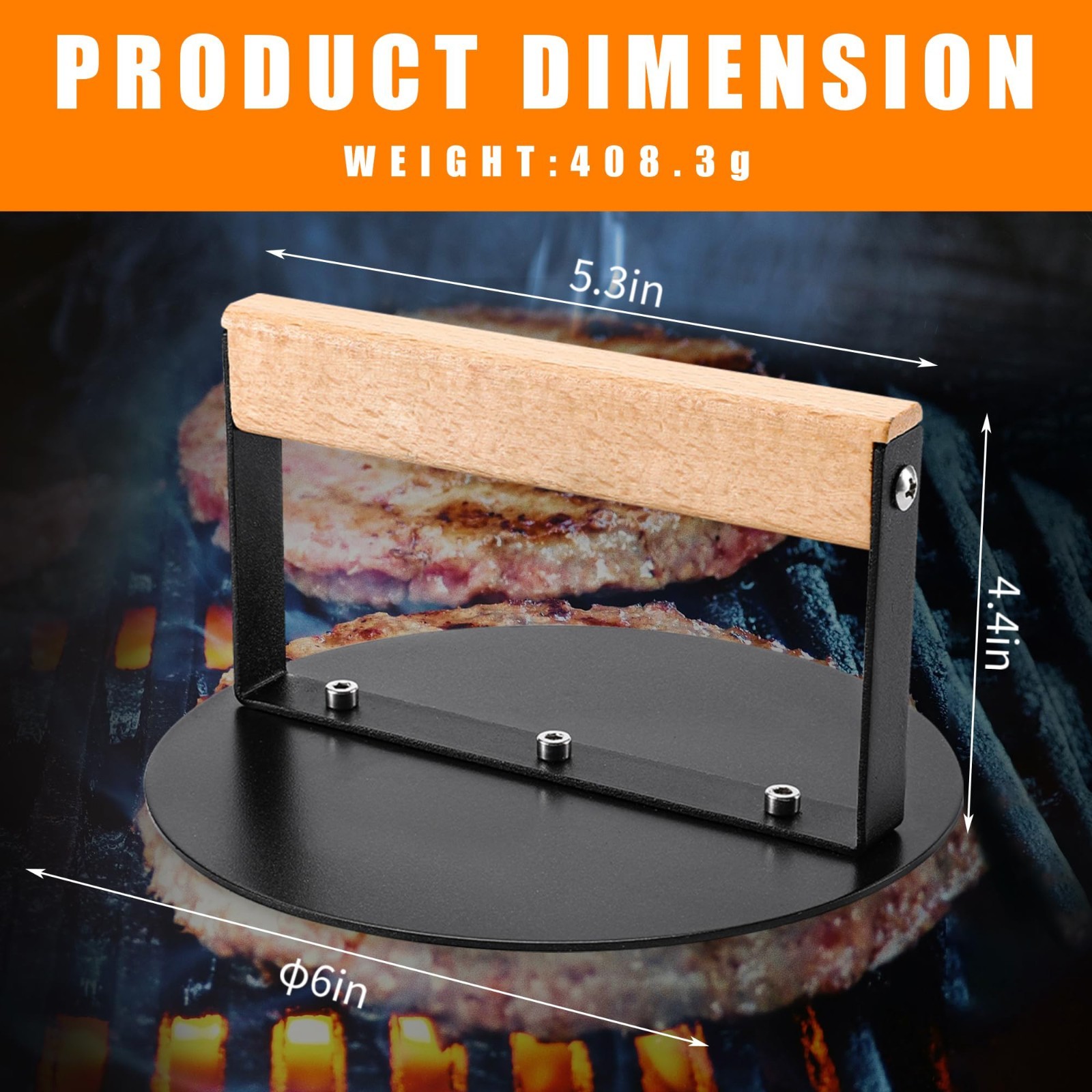 Burger Smasher 6 Inch, Grill Press For Patties Bacon Steak, Wood Handle gallery