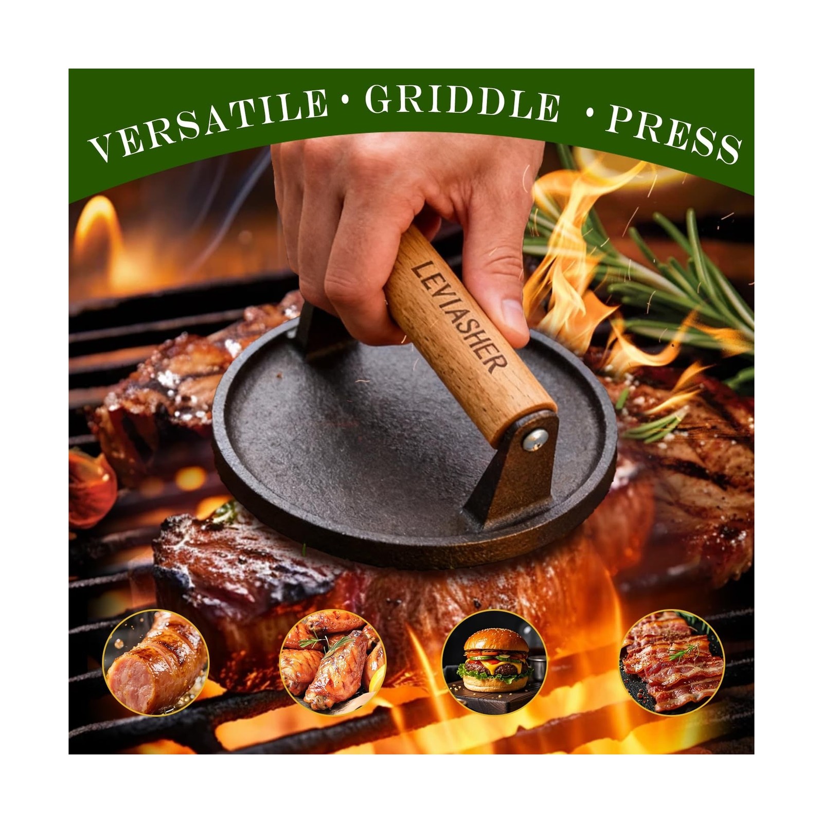 2.2lb Heavy Duty Cast Iron Grill Press, 6.69 inch Smash Burger ... FAST USA SHIP gallery