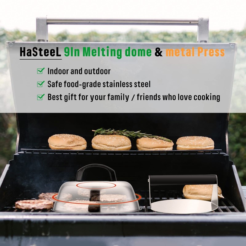 9in Melting Dome & 7in Burger Press Round Basting Steam Cover With Stainless Ste gallery