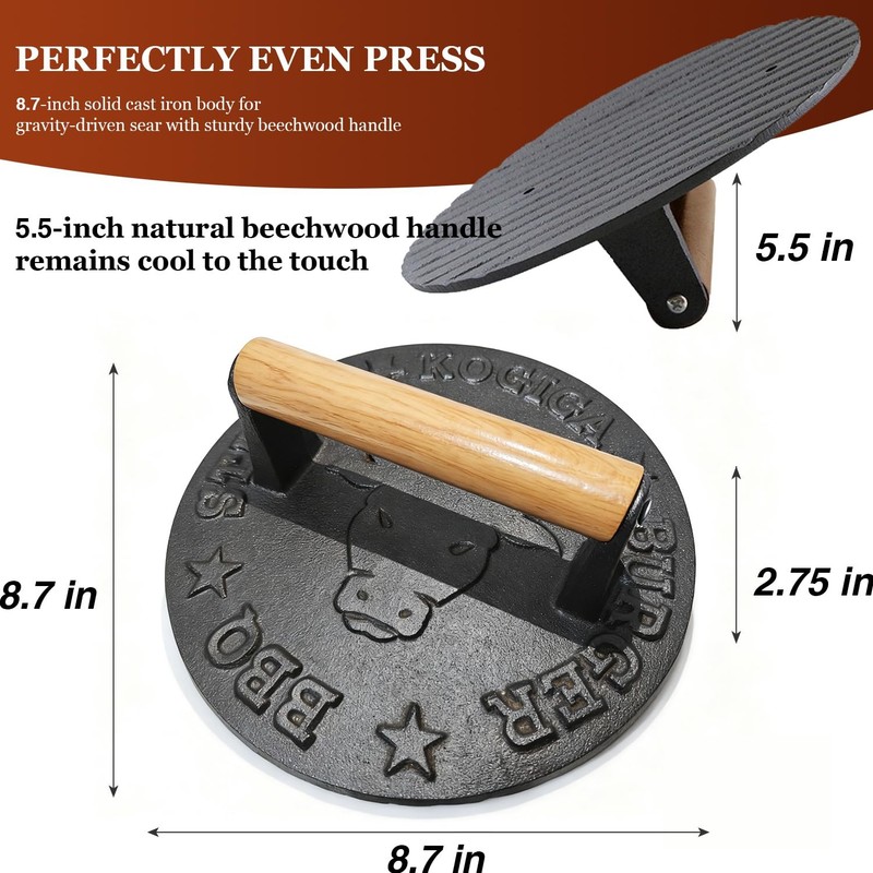 Cast Iron Burger Press 4.1lb Heavy Duty Grill Weight Bacon Press Wood Handle gallery