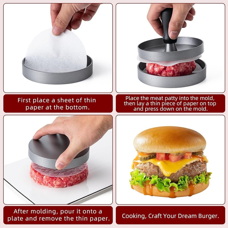 Non-Stick 4.6" Burger Press Patty Maker - Aluminum Hamburger Smasher 100 Papers gallery