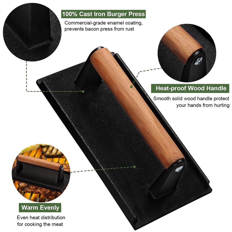 Burger Press 7"Round & 8.2"X4.3"Rectangle Heavy-Duty Cast Iron Smash Bacon Meat gallery