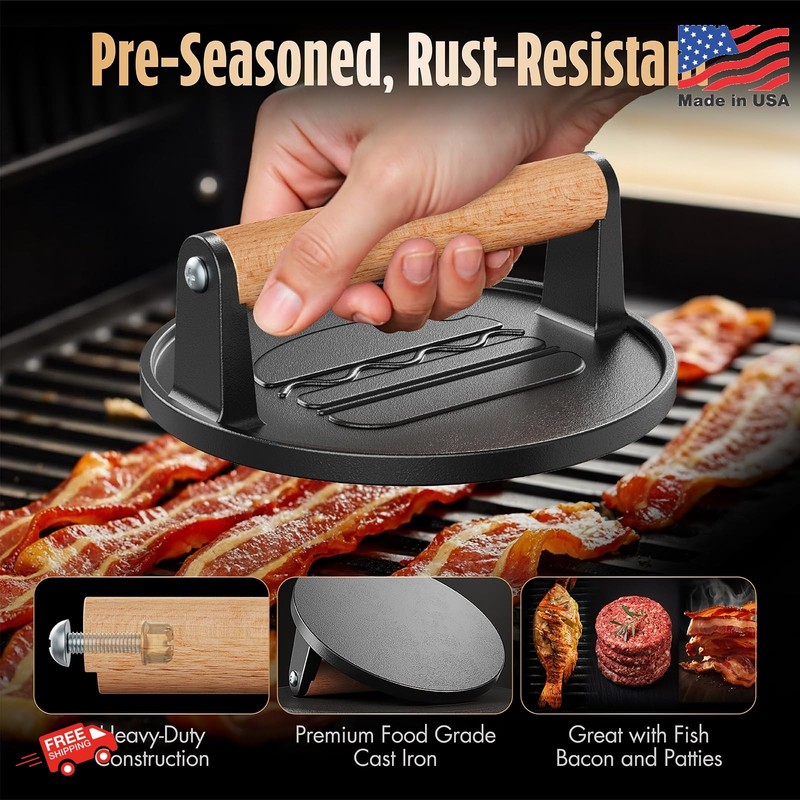 Pisol Smash Burger Press, Pre-Seasoned Cast Iron Hamburger Smasher, 2 lb Heavy-D gallery