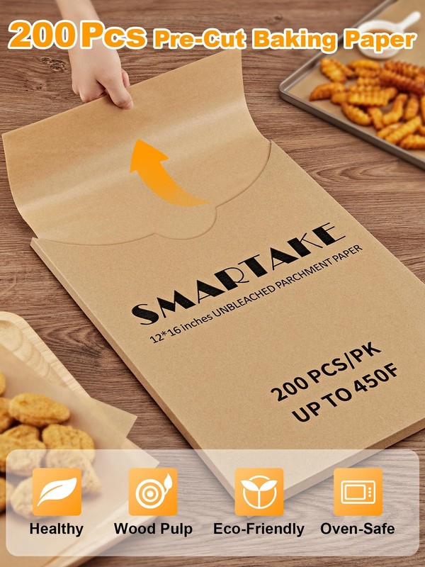 SMARTAKE 200 Pcs Parchment Paper Baking Sheets, 12x16 12" x 16", Unbleached gallery