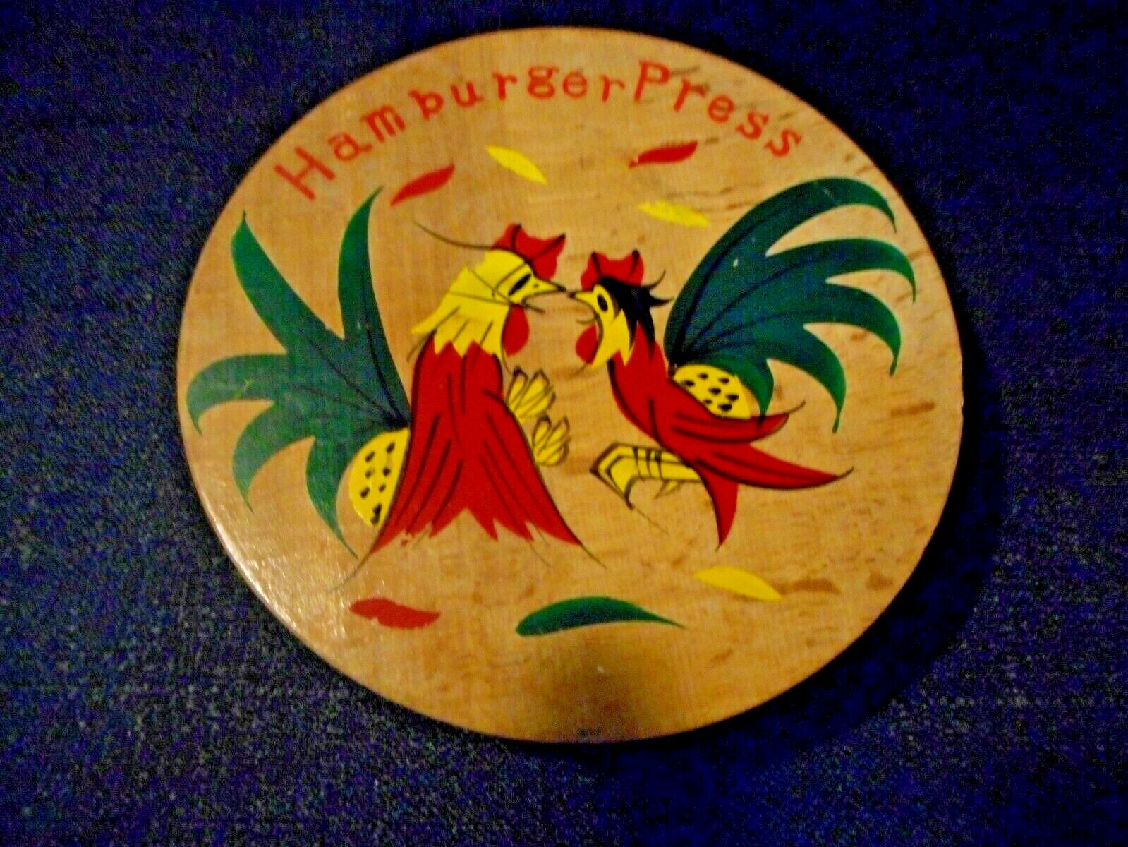 TRANSCO Round Wooden Hamburger Press Roosters Fighting Hanging Hinged MCM Japan gallery