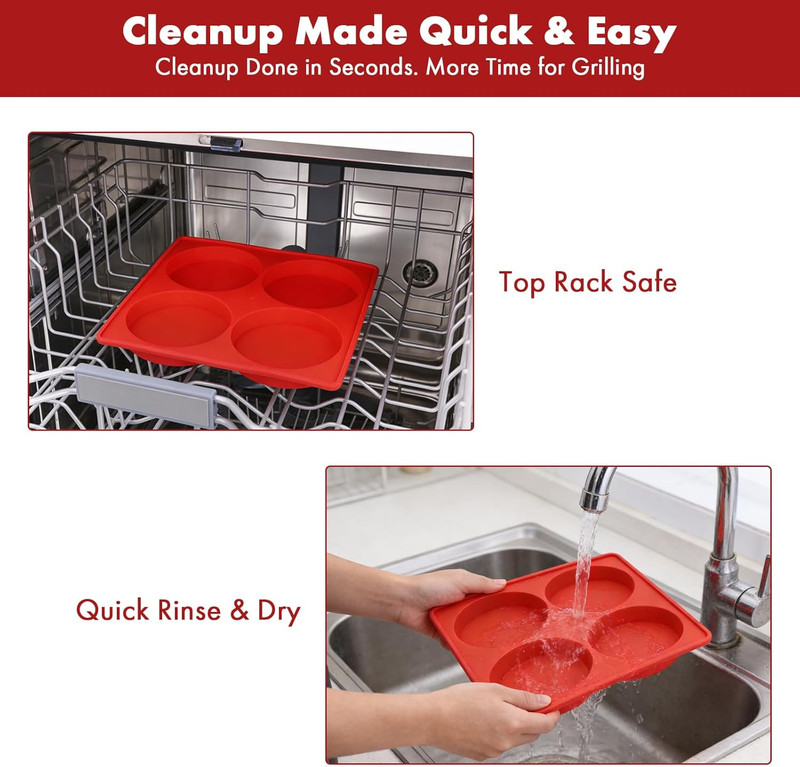 Silicone Burger Patty Maker & Freezer Tray, Grilling Cookware 4-Cavity Mold with gallery
